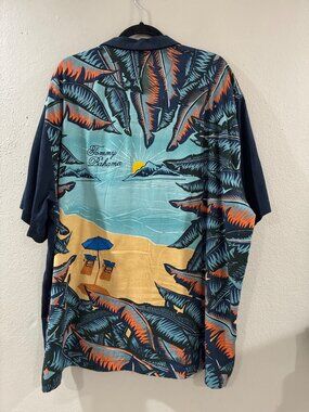 Tommy Bahama mens blue silk camp polo shirt embroidered beach scene print sz XXL